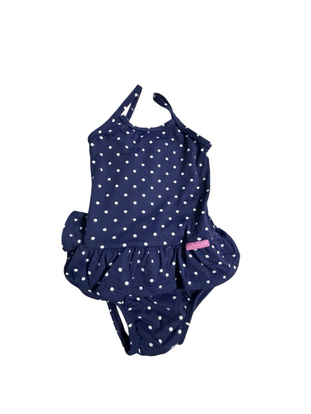 JoJo Maman Bebe Navy and White Polka Dot One-Piece Swimsuit with Ruffle Skirt